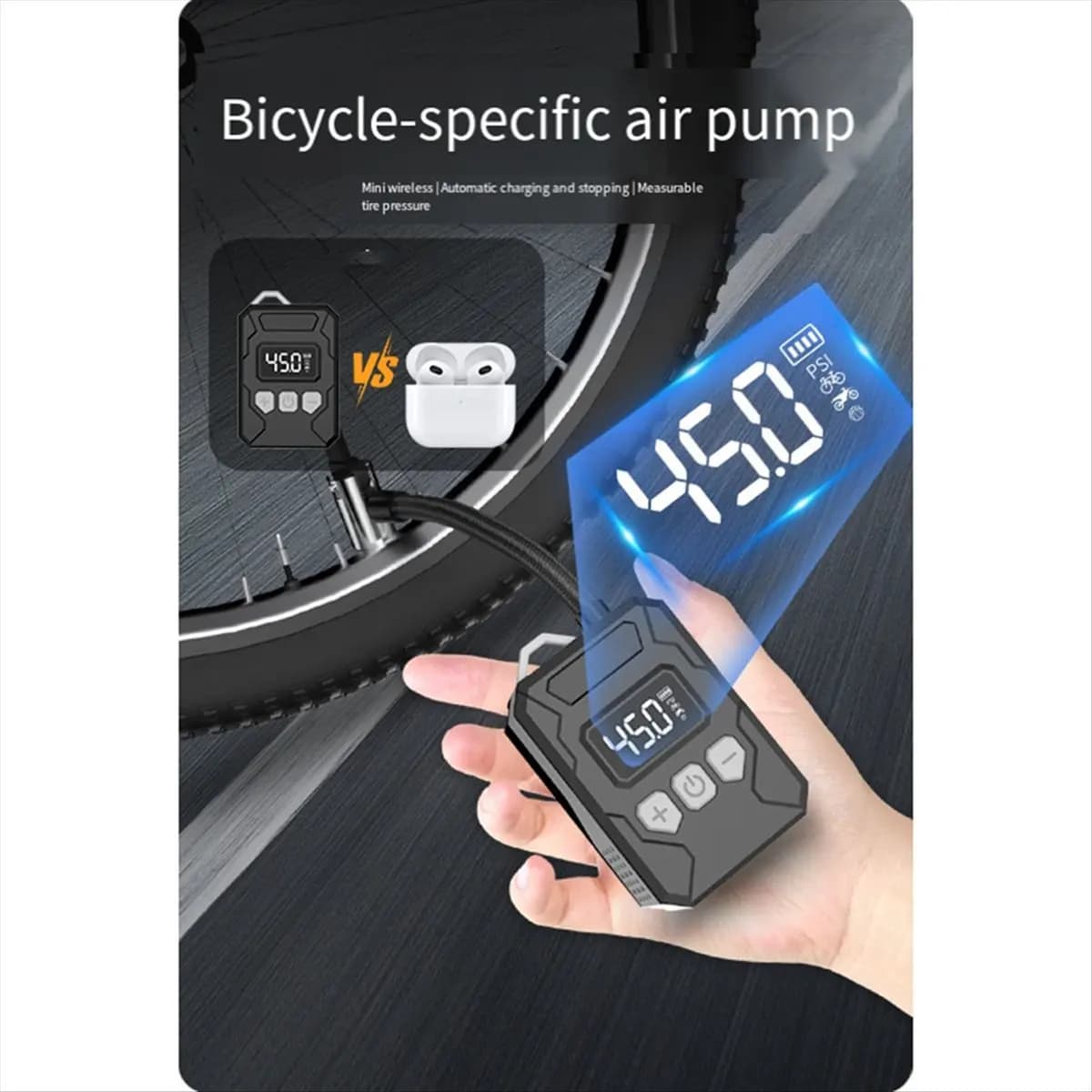 A26Z Mini Electric Bike Pump, 150PSI Tiny Bike Pump, Cordless Rechargeable Electric Bicycle Pump with Pressure Gauge