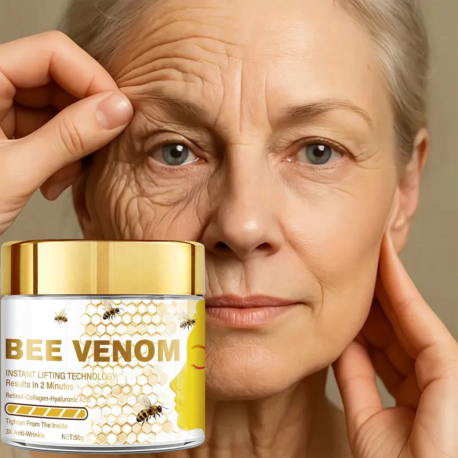 Face cream lift instantaneous to bees poison, containing retinol and collagen, deeply penetrated, firm and hydrate