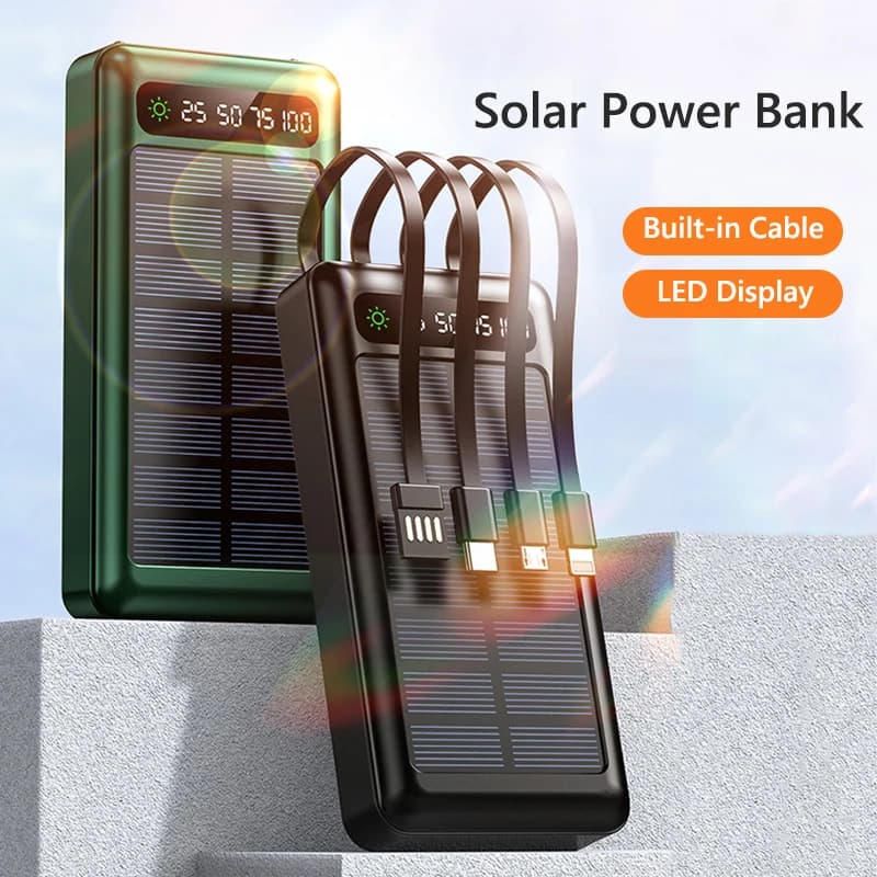 Banca di energia solare da 30000 mAh con cavo USB Batteria esterna a ricarica rapida Powerbank per iPhone Xiaomi Samsung Huawei Alimentatore