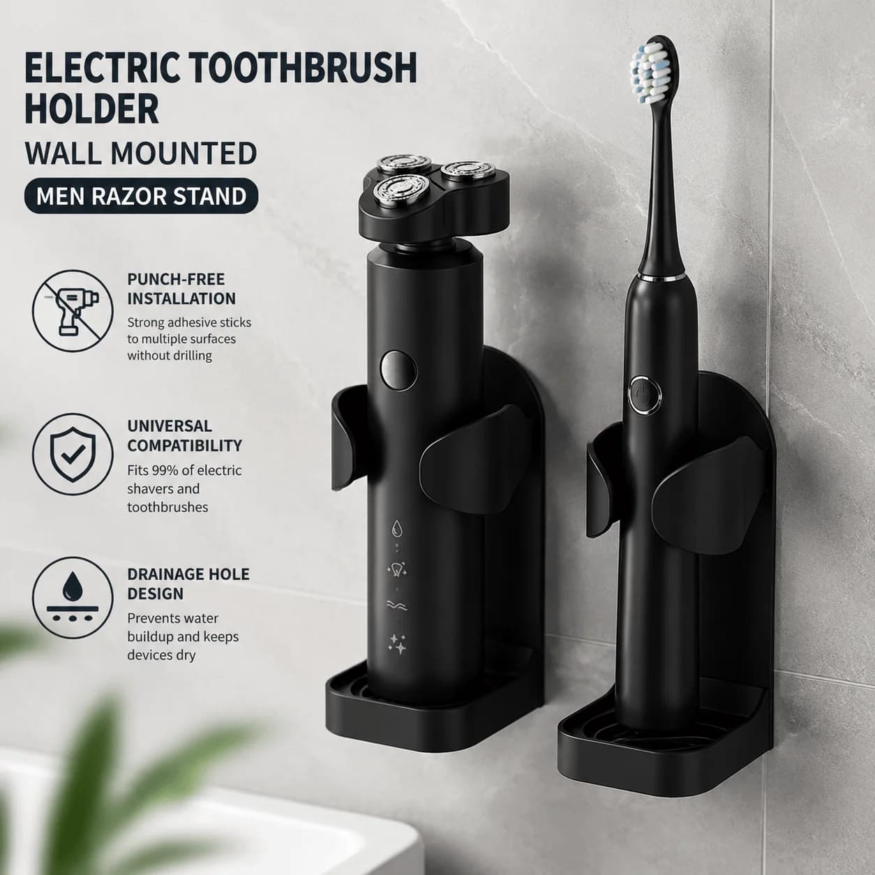 Toothbrush Holder Wall Mounted Razor Holder Shaver Stand Bathroom Organizer Adhesive Storage Rack Shower Caddy Punch Free Installation With Drainage Hole For Electric Toothbrush Beard Trimmer Universal Fitting Multi Surface Strong Adhesion Bathroom