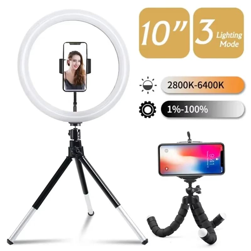 Anello luminoso a LED da 10 pollici Illuminazione fotografica Anello luminoso per telefono con supporto per treppiede Lampada di riempimento rotonda per telefono Lampada per selfie video dal vivo