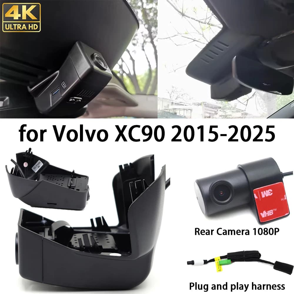 Telecamera da cruscotto 4K per Volvo XC90 2015-2025, anteriore e posteriore, DVR Plug and Play, videoregistratore con visione notturna, Wi-Fi e assistenza al parcheggio 2160P