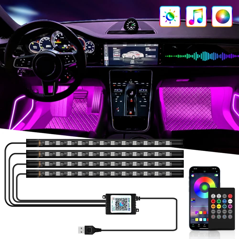 Kit di luci per strisce ambientali per interni auto a LED al neon Accessori Retroilluminazione App remota Controllo musicale Lampade decorative RGB automatiche