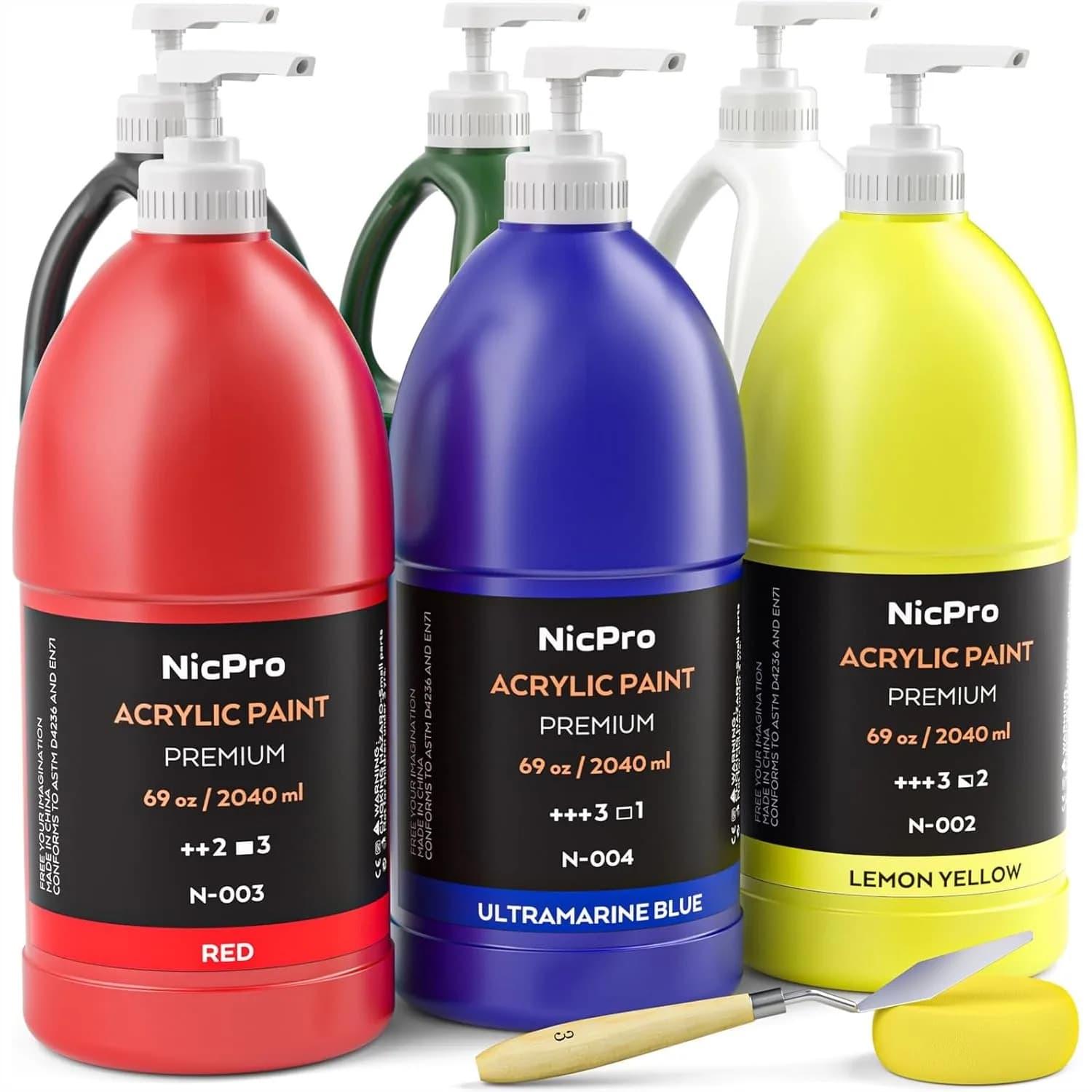 6 Colors Acrylic Paint Set 69oz Bulk with Pump, Fast Drying Rich Pigments for Canvas Wood Fabric Stone Craft for Kids Adults