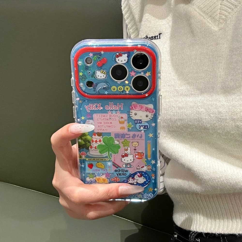 Hard shock phone case with quadrifoglio and Sanrio Hello Kitty Japanese cartoon style for iPhone 17 16 15 14 13 Pro Max
