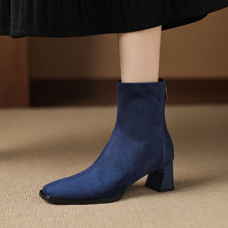 2026 new autumn winter women ankle boots 22-25cm kid suede+cowhide+pigskin square toe high heel back zip women short boots