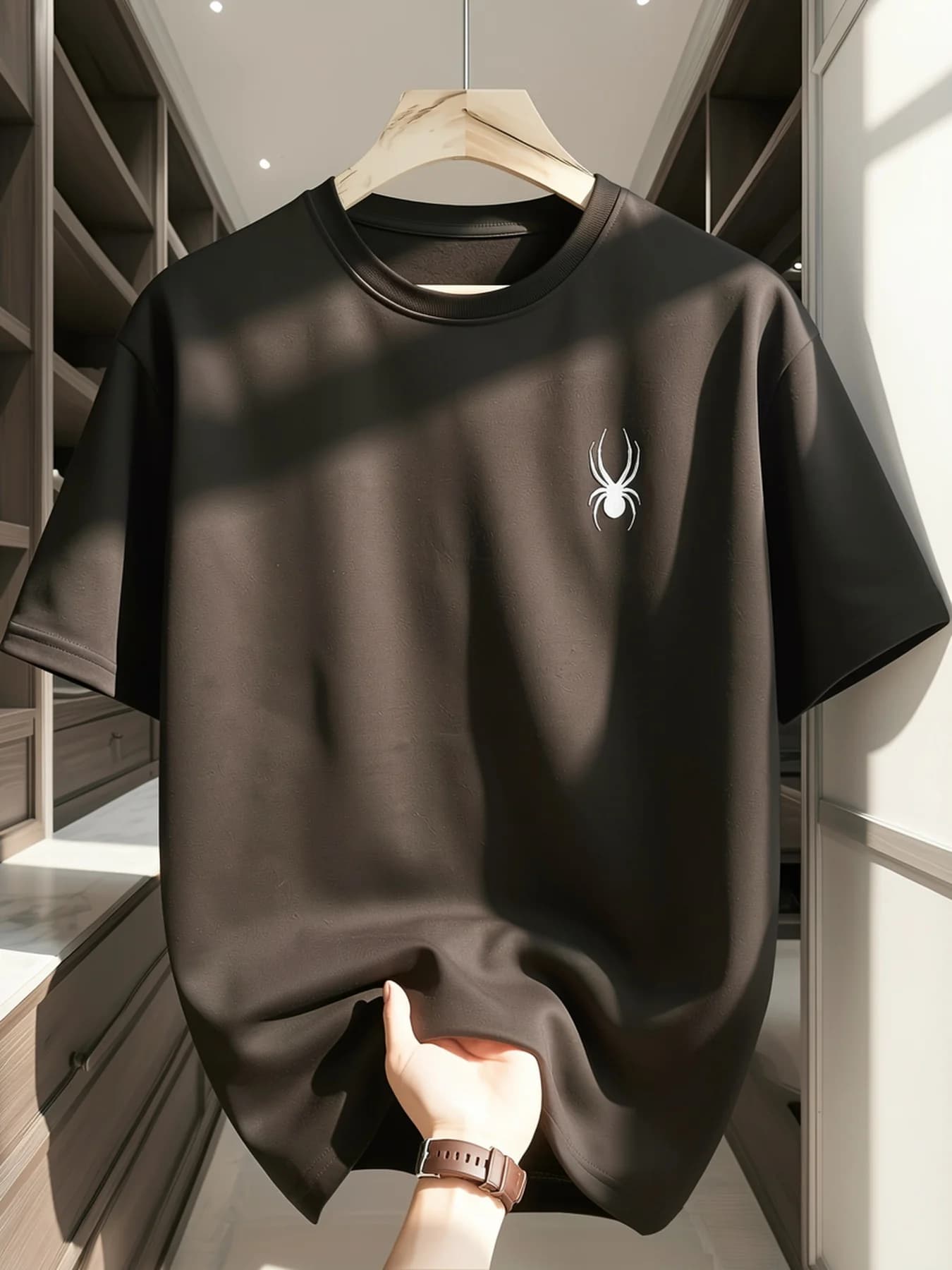 Men's summer crew neck short-sleeve quick-dry T-shirt, suitable for sports and everyday wear, with a spider pattern printed