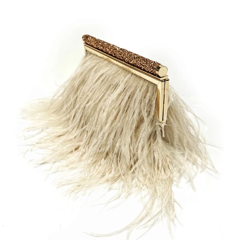 Pochette alla moda Borse da sera con struttura in metallo per le donne Borse a mano di design di lusso 2026 Nuovo in spalla con clip a catena in piume di struzzo