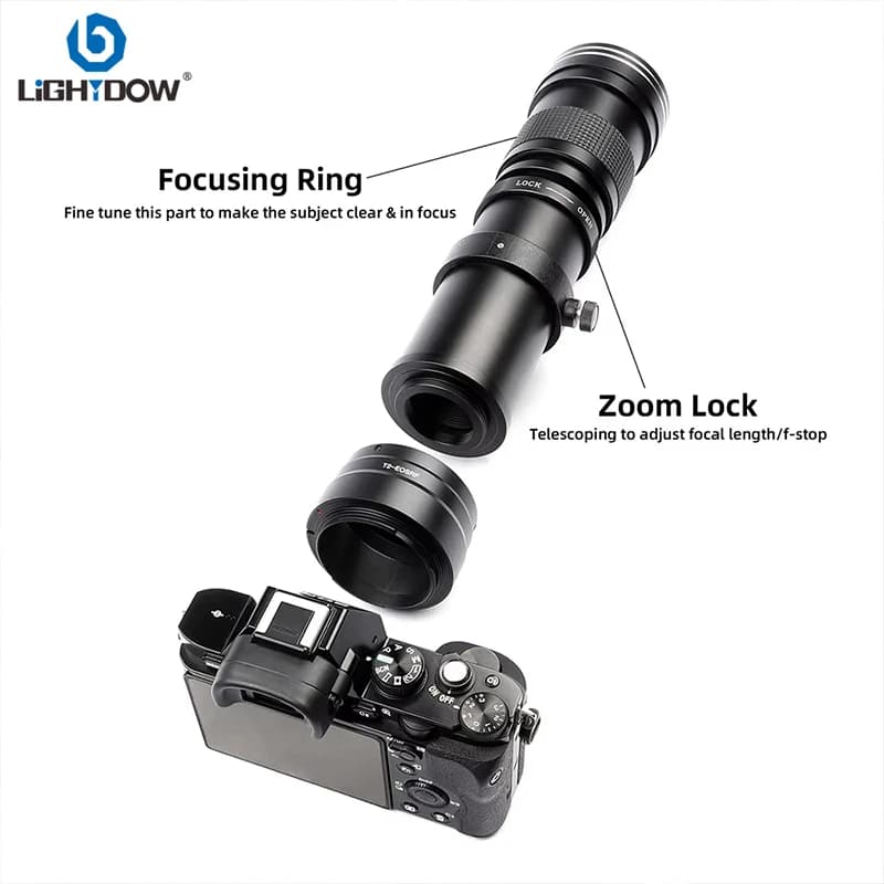 Lightdow 420-800mm F8.3-F16 Super telephoto lens with manual zoom with T-mount ring for Nikon Canon Sony Fuji Olympus camera lenses