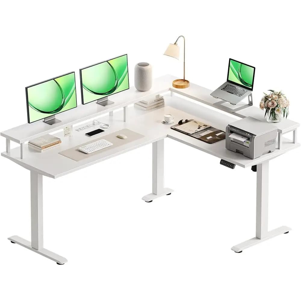 59 Height-Adjustable Electric L-Shaped Desk with Power Outlets and Monitor Stand, White for Home or Office Use