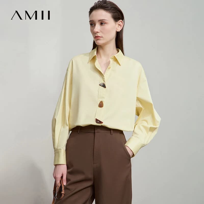 AMII 2025 Camicie autunnali Minimalismo Top 100% cotone maniche lunghe Camicia solida Office Lady Bottoni Pullover Camicetta 12523091