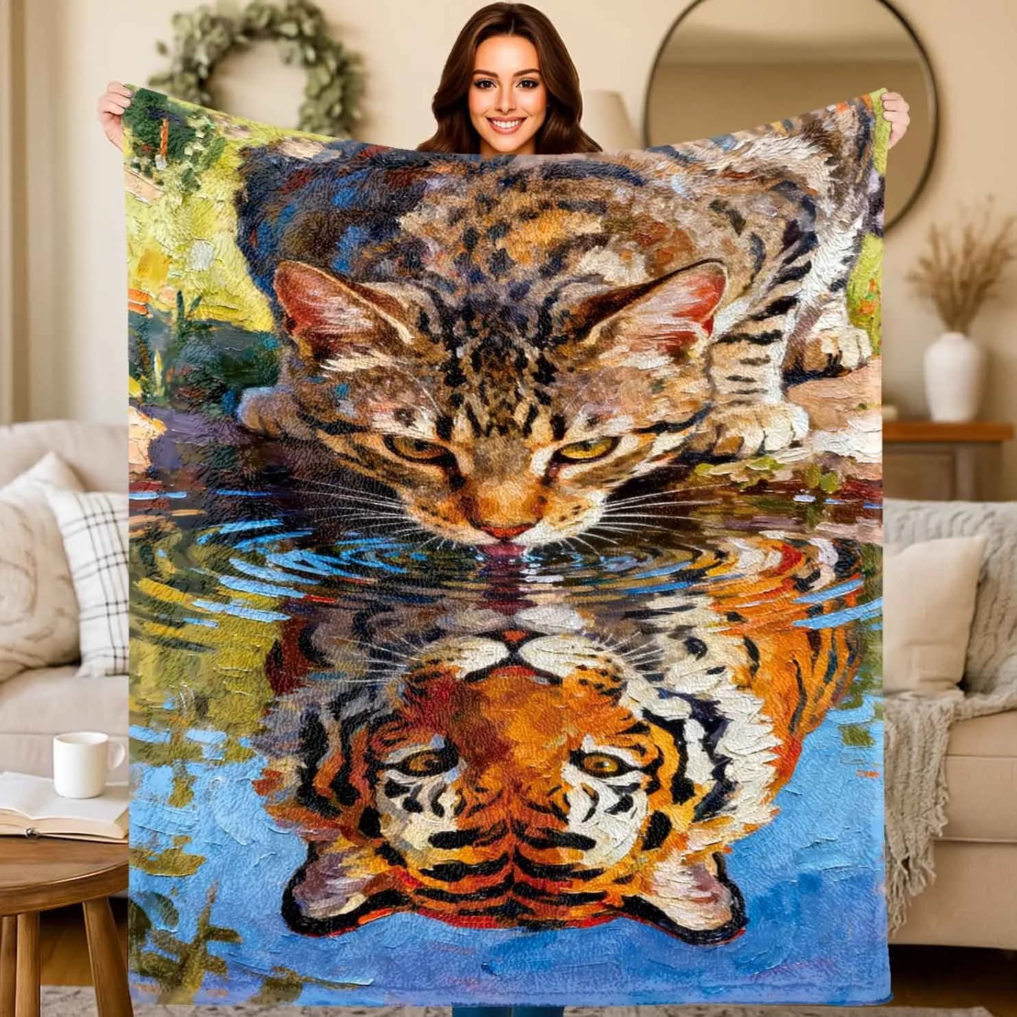 Coperta stampata in flanella con acqua potabile per gatti e tigre adatta a tutte le stagioni adatta per i viaggi del divano dell'ufficio del soggiorno