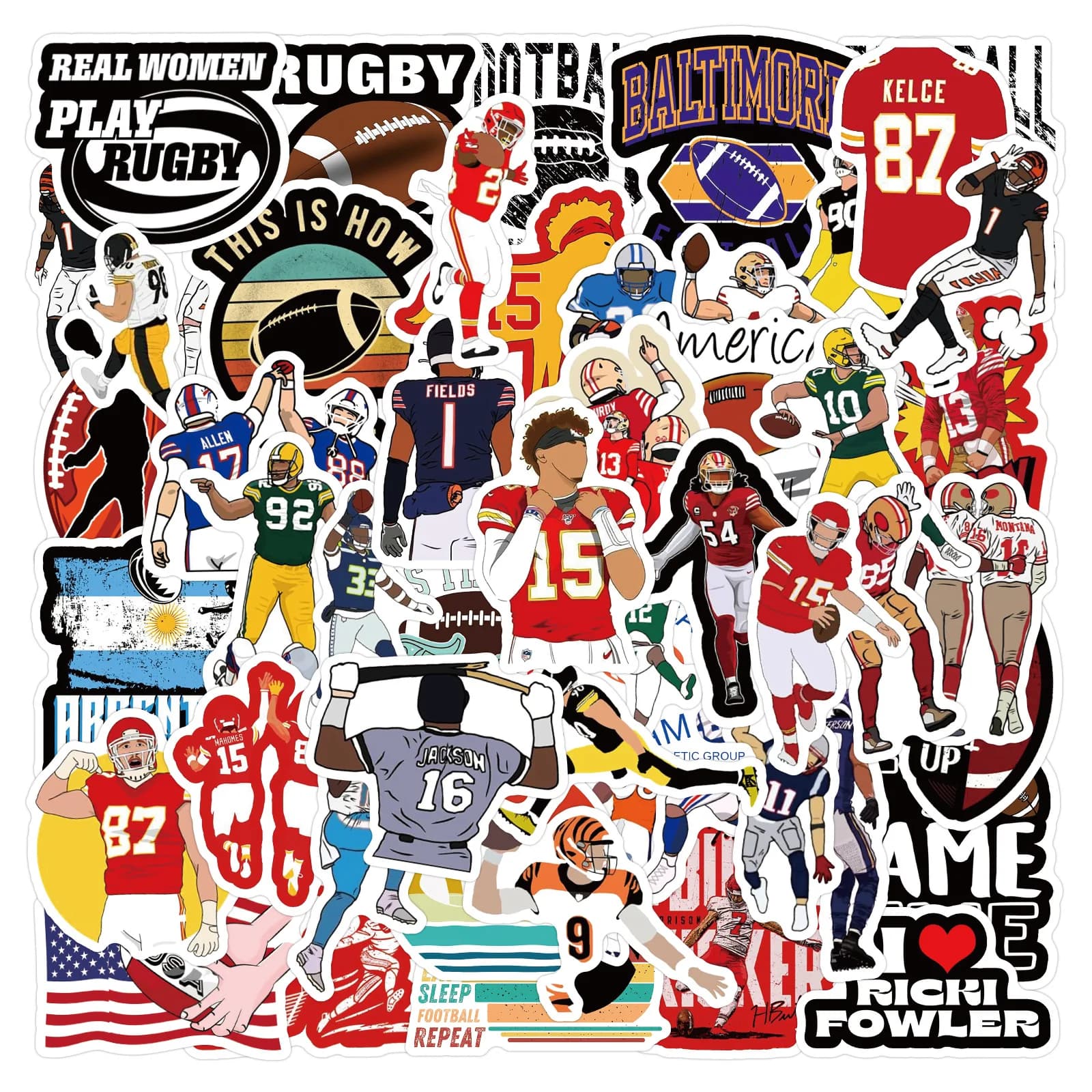 55/110 Pezzi Adesivi Graffiti Calcio Rugby Fai da Te per Telefono, Valigia, Laptop, Chitarra, Bici, Skateboard, Frigorifero, Casco, Giocattoli, Decorazione