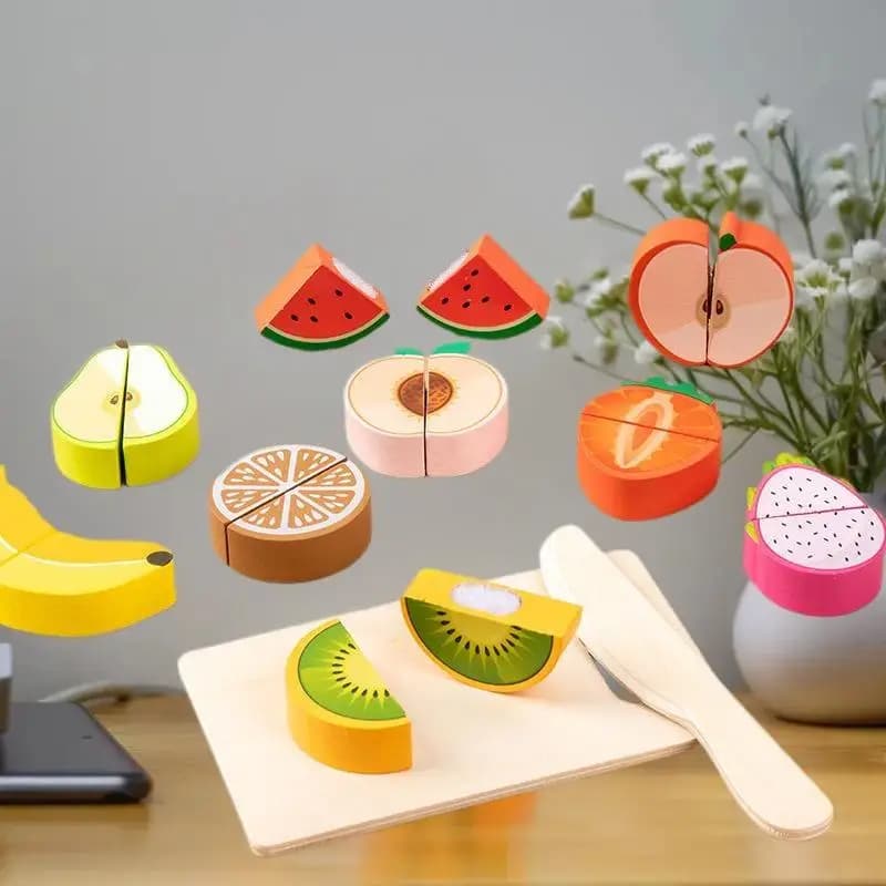 Set di Gioco con Frutta da Tagliare, Accessori per Cucina, Giocattoli Educativi Montessori in Legno per Bambini