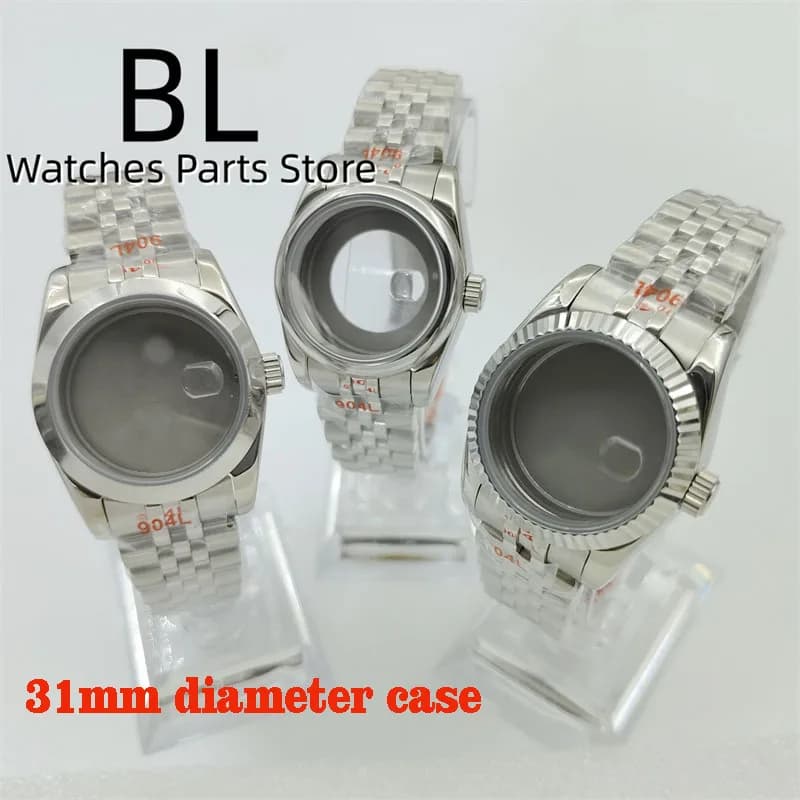 BLIGER 31mm Women Watch Case With Bracelet Stainless Steel Jubilee Round Fluetd Polished Bezel Sapphire Glass Fit NH05 Movements