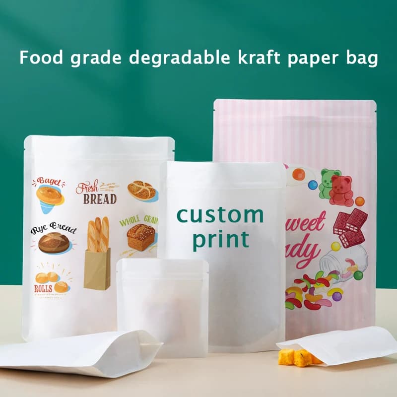 Custom Printed Degradable Food Grade Kraft Paper White Stand Up Zip Lock Tea Zero Food Moisture Proof Package Bags
