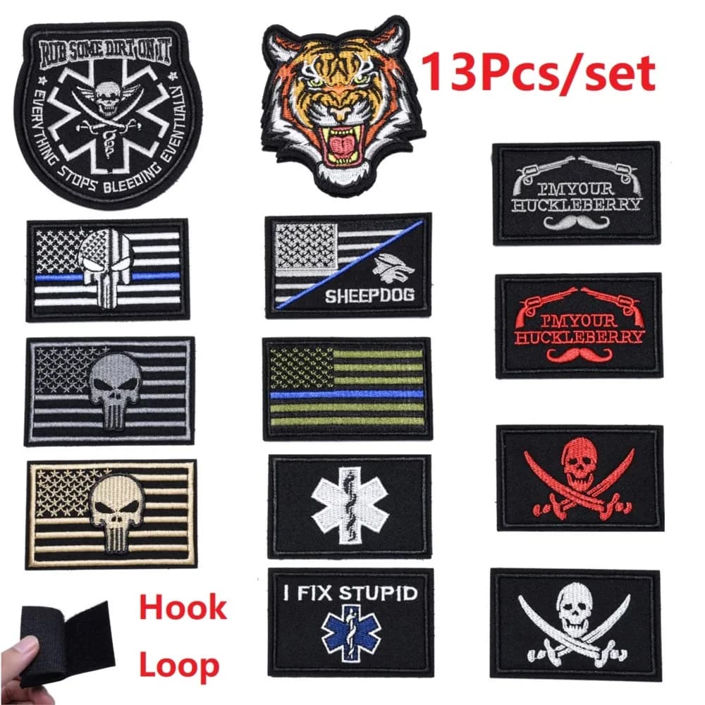 13Pcs Tactical Morale Patches Skulls Punk Patch for Clothes Embroidered Patch For on Backpack Hat Hook Loop Stickers Applique