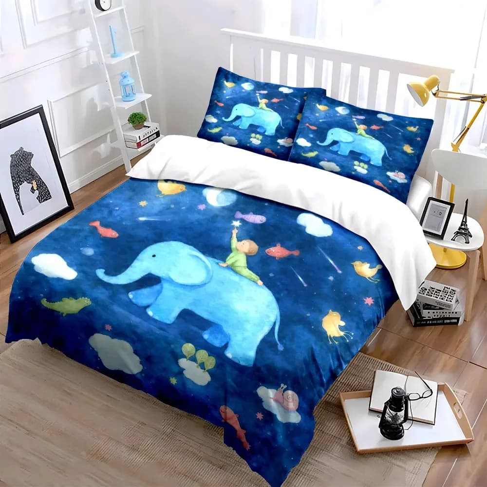 Set di biancheria da letto per bambini con elefanti da sogno, morbido e confortevole, include 1 copripiumino e 2 federe, idea regalo