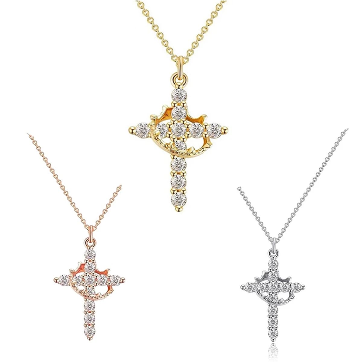 Corona girevole di lusso con zirconi, collana con croce, orecchini, anelli per le donne, catena a croce in acciaio inossidabile, gioielli cristiani, regalo di preghiera