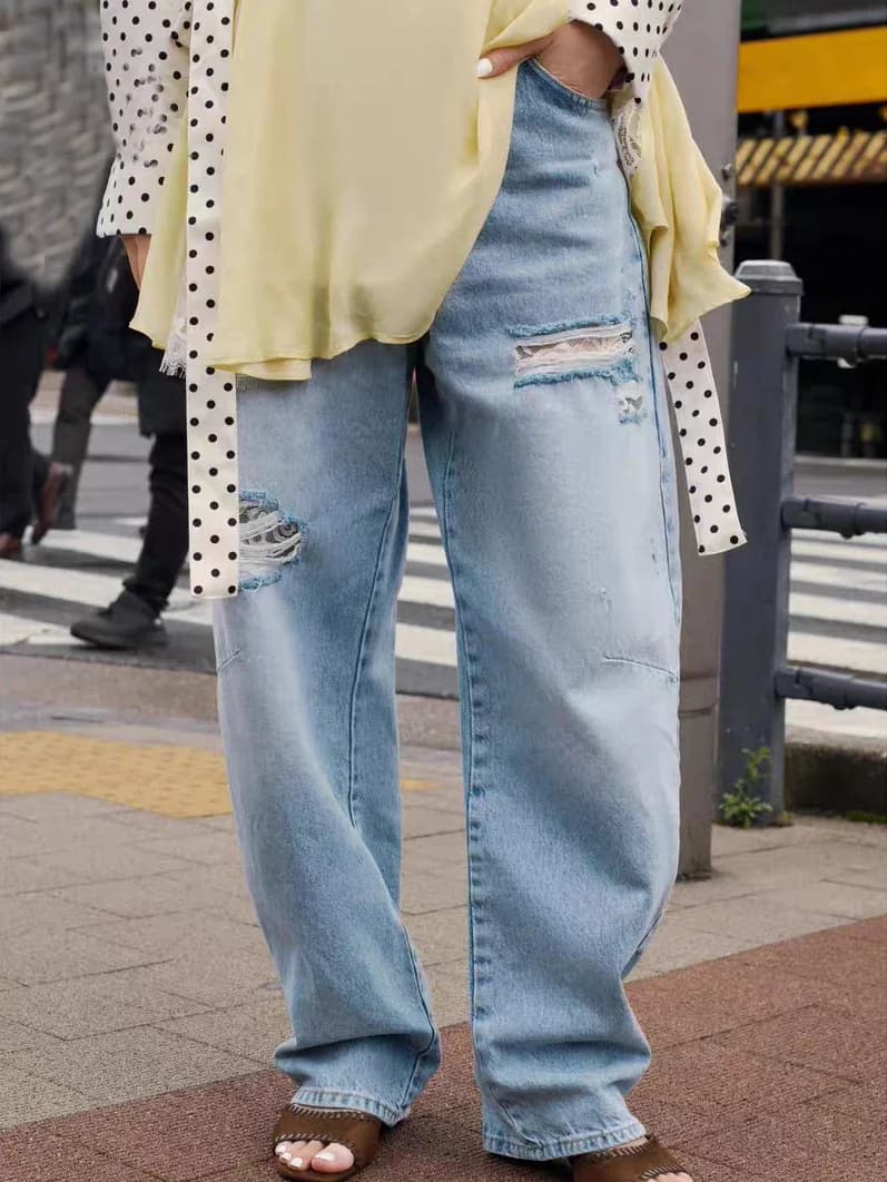 Spring New Arrival Women's Loose Lace Decorative Casual Denim Jeans Versatile Comfortable Long Pants for Young Ladies