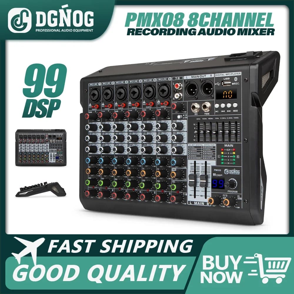 DGNOG 8 Channel DJ Audio Sound Mixer Interface Mixing Console Desktop Karaoke with MP3 Input USB Bluetooth Input PMX08