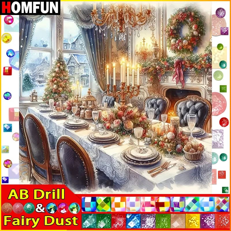 HOMFUN Fairy Dust AB 5D Diy Diamond Painting Cross Stitch "Scenery Flower Restaurant" Home Decor Full Diamond Embroidery