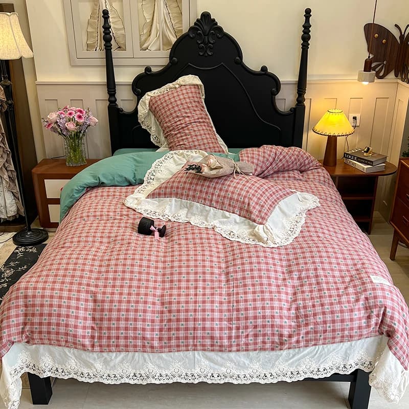 Set da quattro pezzi in filato a doppio strato in puro cotone scozzese vintage Set biancheria da letto in pizzo francese Copripiumino Federe Lenzuolo piatto/con angoli