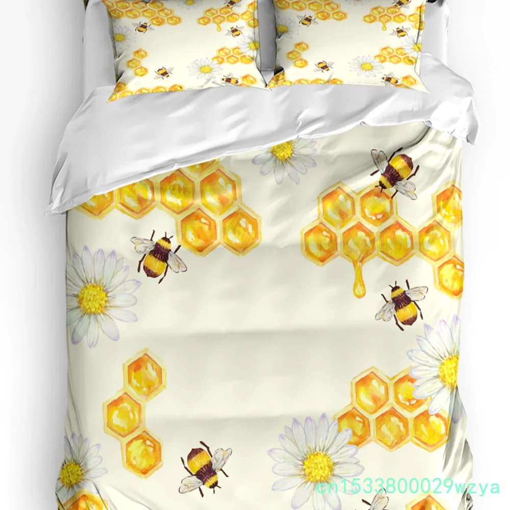 Bee Honey Flower Yellow Printed Comfort Duvet Cover Pillow Case Home Textile Quilt Cover Boy Kid Teen Girl 3pcs Bedding Set