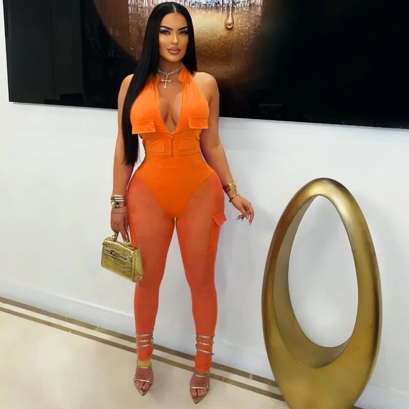 Sexy Mesh See Through Birthday Outfits Woman 2 Piece Sets Night Club Party Halter Backless Bodysuit Top and Legging Set Pockets