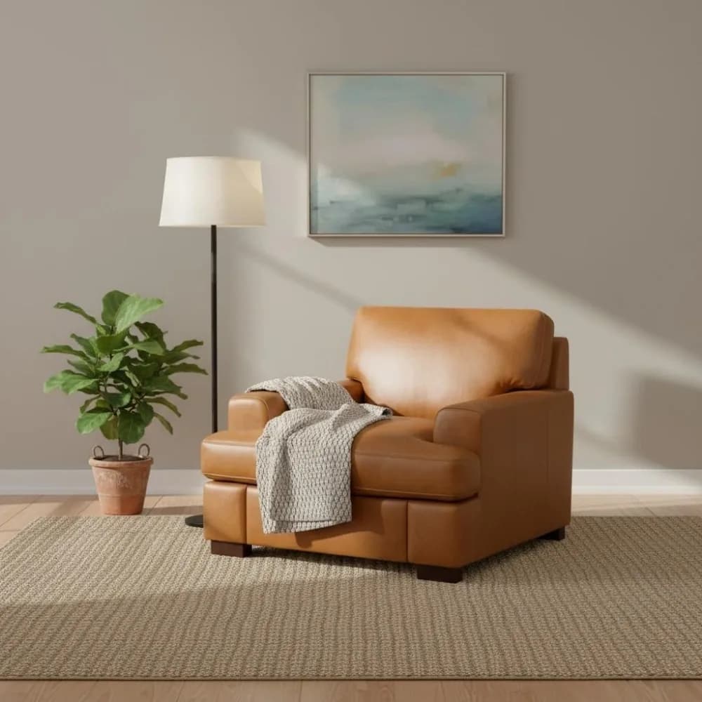 Sedia con accento in vera pelle – Imbottitura con cuscino in piume d'oca, design con braccioli quadrati, robuste gambe a blocchi – Lussuoso singolo