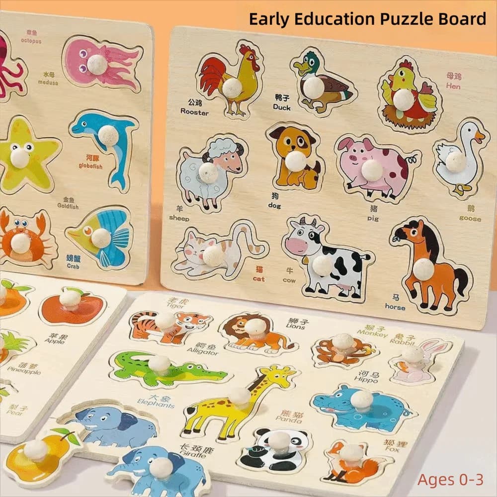 Puzzle 3D in Legno a Tema Animali e Veicoli, Gioco Interattivo Unisex per Genitori e Figli con Lettere dell'Alfabeto e Tavole da Imparare a Afferrare