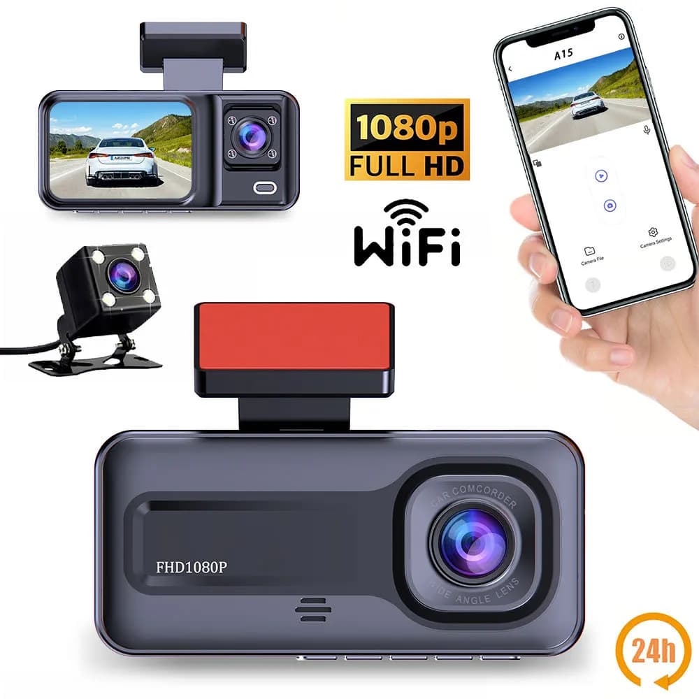 XZY Dash Cam per Auto 1080P Full HD con 3 Obiettivi, Connessione WiFi, Visione Notturna, Multilingue, Registratore di Guida DVR