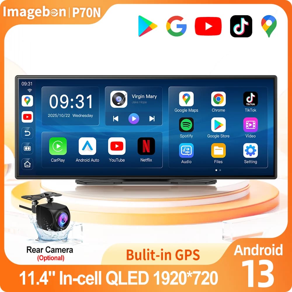 Imagebon P70N 11.4" QLED Nuovo Schermo Intelligente con Interfaccia Utente Migliorata, GPS Integrato, Sistema Android, Dash Cam, Carplay Wireless e Android Auto, DVR per Auto