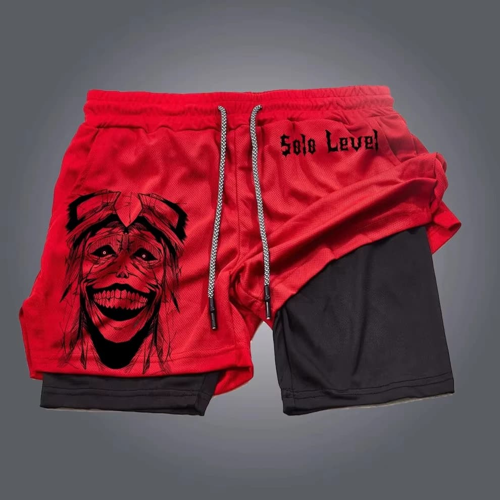 Pantaloni fitness 2 in 1 a doppio strato da uomo Solo Level Pantaloncini sportivi Anime giapponesi con tasca Pantaloni sportivi da corsa ad asciugatura rapida