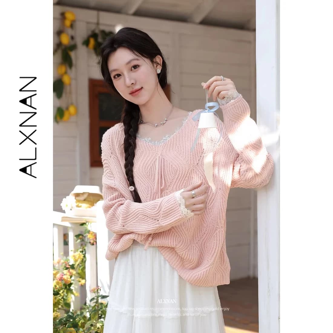 ALXNAN Women's Pink V-neck Lace Splicing Sweater Long Sleeve Casual Elegant Sweet Jumper 2026 Spring Fashion Ladies Tops L62310