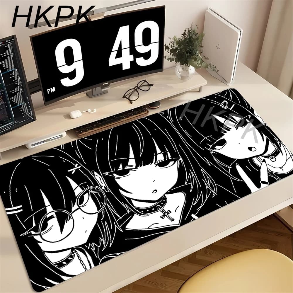 Tappetino per mouse da gaming, tappetino da scrivania per tastiera e computer, esteso, bianco e nero, accessori da ufficio, tappetino da scrivania con ragazza anime