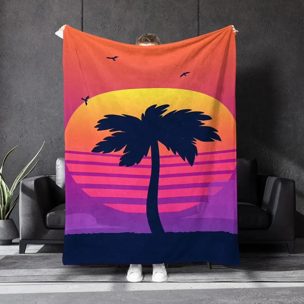 Tropical palm tree sunset pattern Flannel printed blanket suitable for all seasons suitable for living room office sofa travel