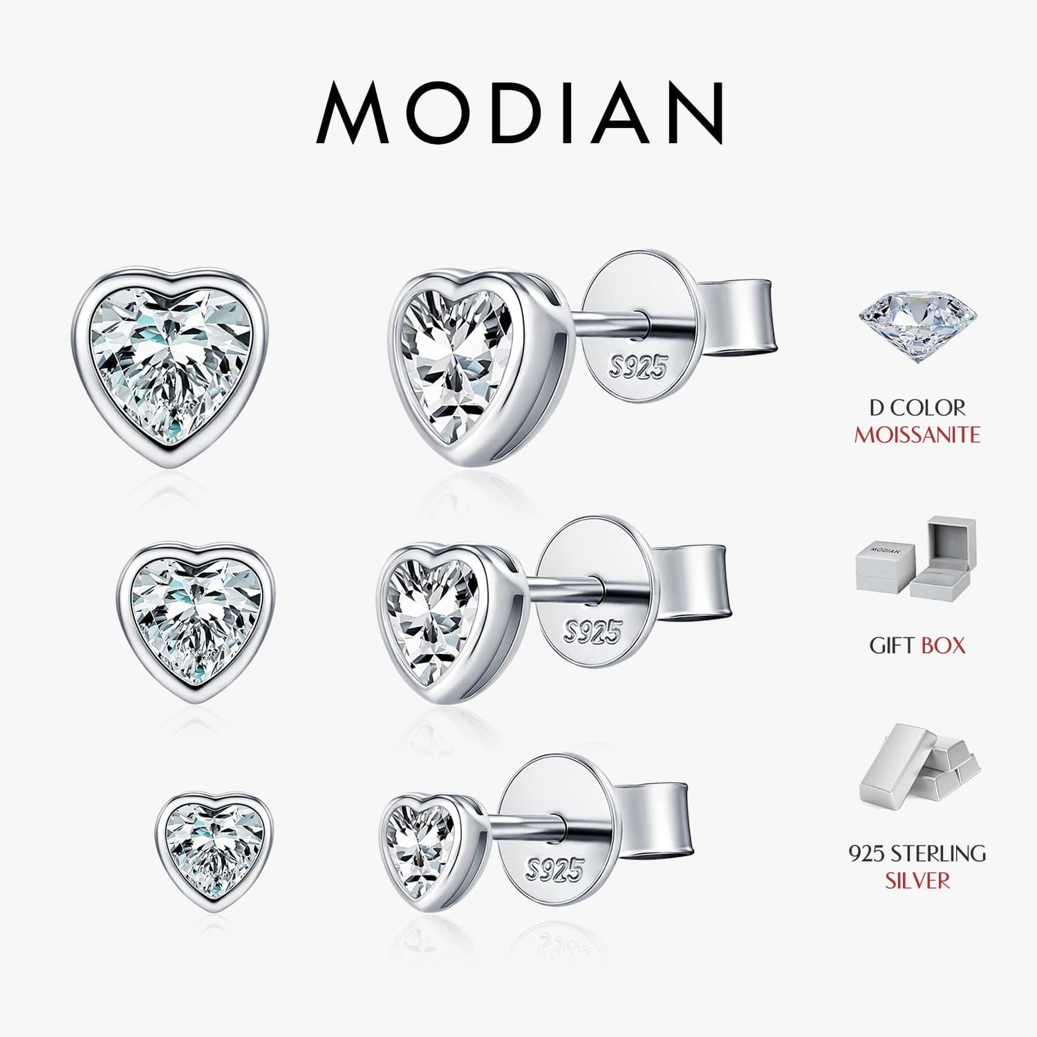 MODIAN 3 Formati Cuore Moissanite Orecchini a bottone in argento sterling 925 Abbagliante impilabile Orecchini a bottone di moda per le donne Gioielleria raffinata
