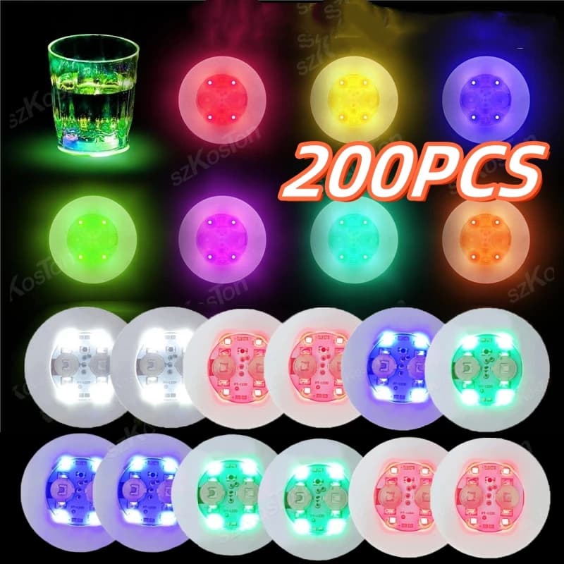 200 Pcs LED Coaster Luminous Bottle Stickers Colorful Lights 6cm Lamps for Bar KTV Wedding Party Cocktail Drink Cups Vase Decor