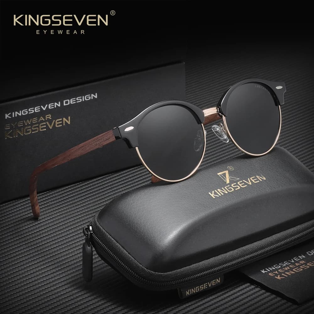 KINGSEVEN Brand Black Walnut Wood Sunglasses Men Women Round Frame Polarized Vintage UV400 Eyewear Oculos