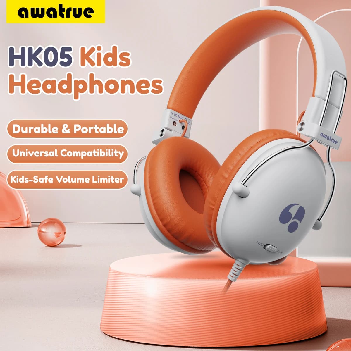 AWATRUE HK05 Cuffie per bambini per la scuola Suono stereo Cuffie on-ear cablate per bambini Ragazzi Ragazze Regali 74/85 dB Limite di volume sicuro