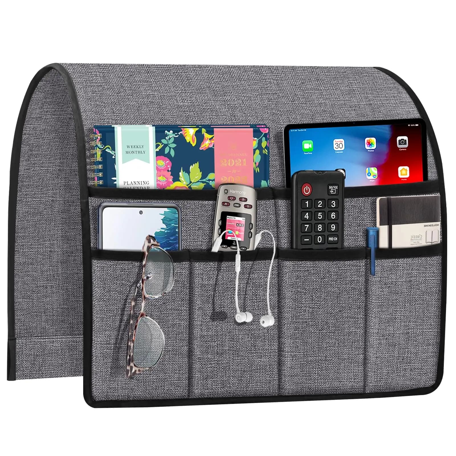 Portaoggetti da bracciolo in tessuto grigio con sei scomparti per telecomando, tablet, telefono, occhiali, auricolari e notebook