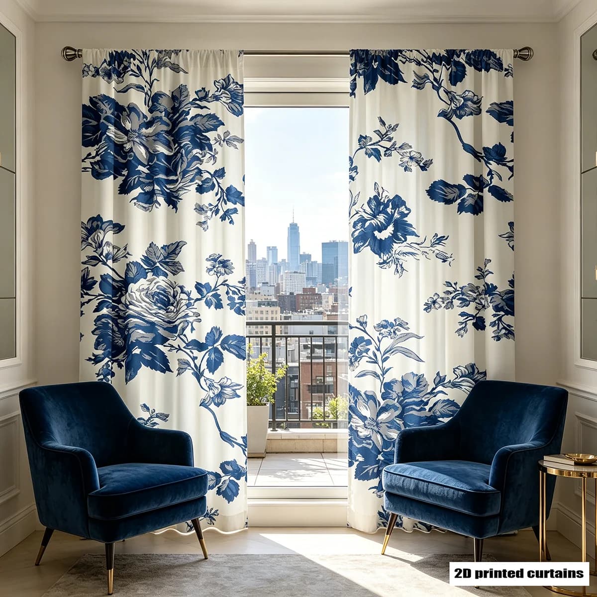 2 Pezzi Tende con Motivo Floreale Chinoiserie Blu e Bianco, Pannelli per Finestre con Stampa Floreale per Decorazione