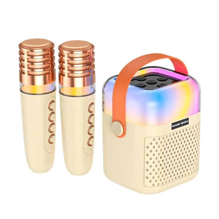Macchina per karaoke con 2 microfoni wireless Microfono BT e altoparlante Set KTV con effetto di illuminazione RGB Ricarica audio 3D