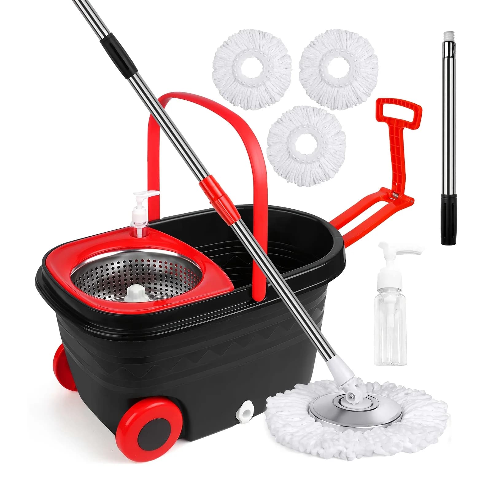 Set Secchio e Mop Girevole da 61 Pollici con Ruote Regolabili in Altezza e Strizzatore: 360° ° Sistema per la pulizia dei pavimenti, 3 ricariche in microfibra e manico allungabile da 61 pollici, ideale per la pulizia dei pavimenti (Nero)
