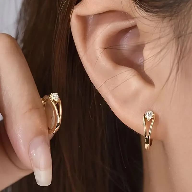 Dainty 14K Gold Plated Small Huggie Earrings, Hollow Split Band with Single Round Cubic Zirconia Minimalist Daily Ear Jewelry for Women