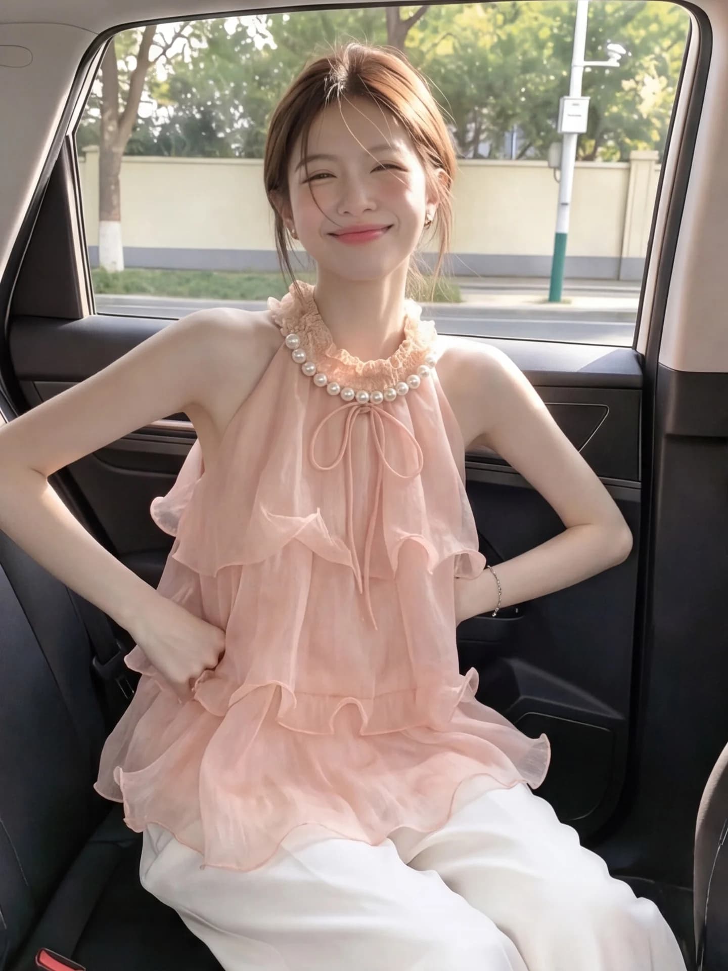 Gentle Breeze Pearl Necklace Sleeveless Summer Shirt Women's Fashion Layered Lace Shoulder Bared Chiffon Top Thin