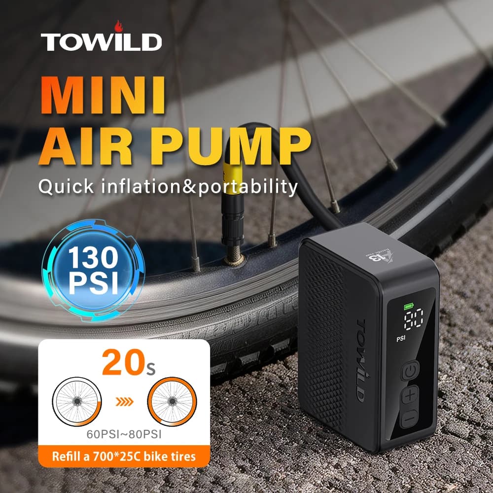 TOWILD A13 Gonfiatore Elettrico per Biciclette Max 130PSI Mini Pompa d'Aria Portatile per Pneumatici AV/FV Accessori per Bici da Esterno