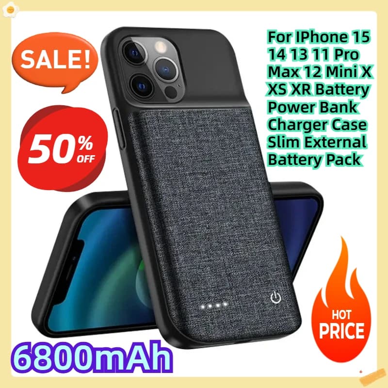 Per IPhone 15 14 13 11 Pro Max 12 Mini X XS XR Batteria Power Bank Custodia per caricabatterie Batteria esterna sottile 6800mah