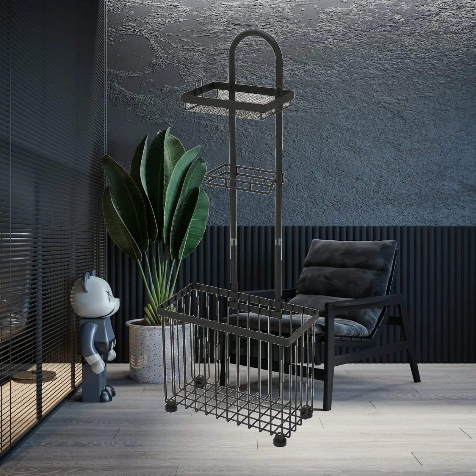 Toilet Paper Holder with Shelf and Basket Metal Toilet Paper Holder Stand with Storage Basket Space-Saving for Washroom, Powder